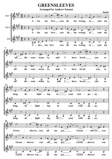 Greensleeves A Cappella SSA (arr. Andrew Emmet)