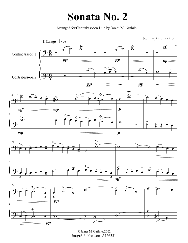 Loeillet: Sonata No. 2 for Contrabassoon Duo (arr. James M. Guthrie)