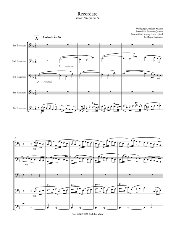 Recordare (from "Requiem") (F) (Bassoon Quintet) (arr. Regis Bookshar)