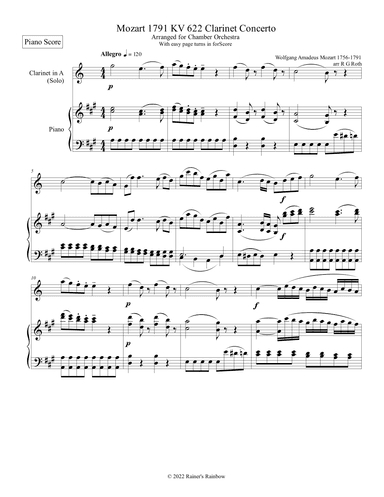 Mozart 1791 KV 622 Clarinet in A With Piano Acc. (arr. R G Roth)