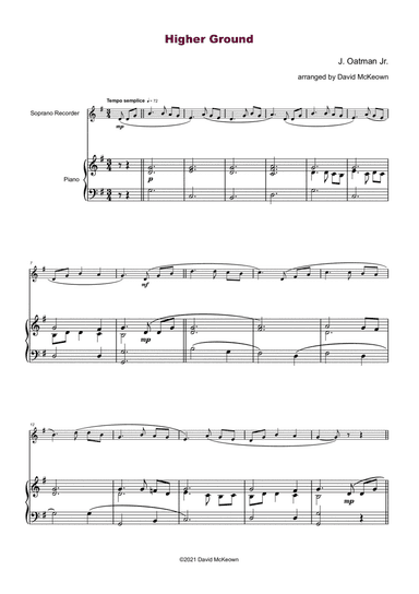 Higher Ground, Gospel Hymn for Soprano Recorder and Piano (arr. David McKeown)
