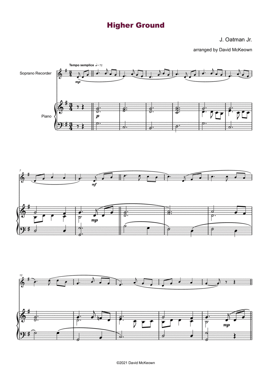Higher Ground, Gospel Hymn for Soprano Recorder and Piano (arr. David McKeown)