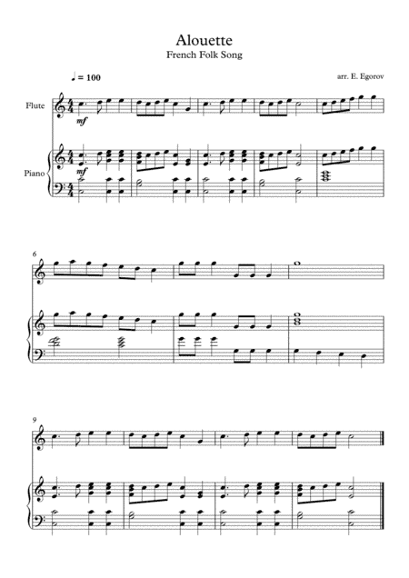 Alouette, French Folk Song, For Flute & Piano (arr. Eugene Egorov)