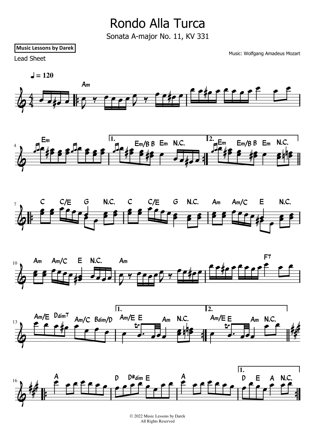 Rondo Alla Turca (LEAD SHEET) Sonata A-major No. 11, KV 331 [Wolfgang Amadeus Mozart] FULL SONG! (arr. Darek)