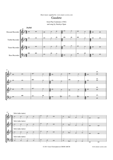 Gaudete - Descant, Treble, Tenor and Bass Recorder (arr. Anne L Christopherson GRSM ARCM)