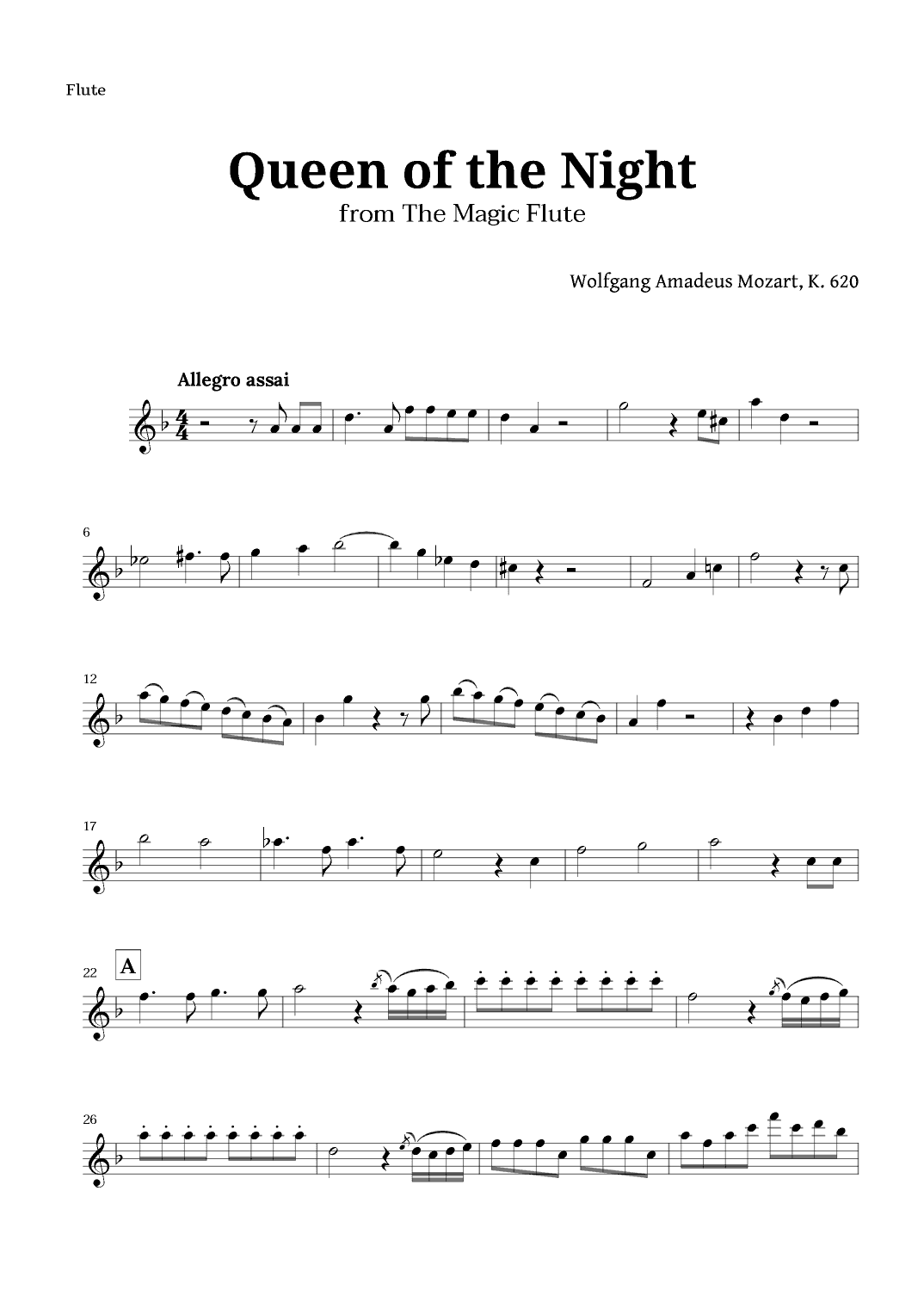 Queen of the Night by Mozart for Flute Solo (arr. Langanho)