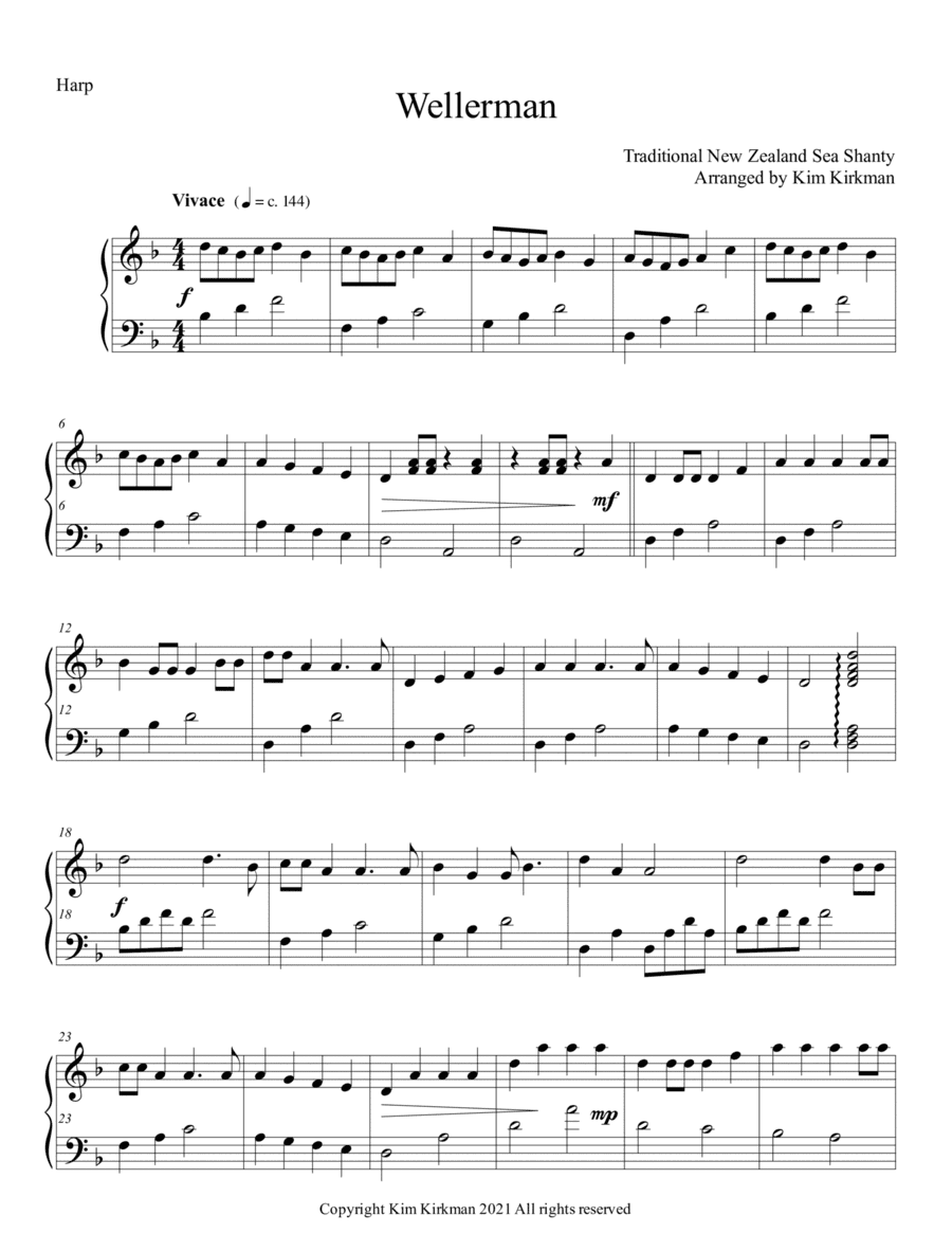 Wellerman - Sea Shanty - solo harp D minor (1 Bb lever) no changes (arr. Kim Kirkman)
