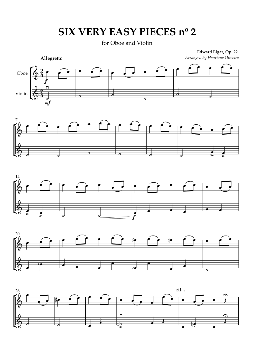 Six Very Easy Pieces nº 2 (Allegretto) - Oboe and Violin (arr. Henrique Oliveira)