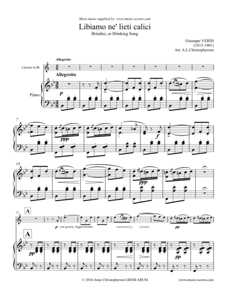 Libiamo ne lieti calici - Brindisi from La Traviata - Clarinet and Piano (arr. Anne L Christopherson GRSM ARCM)
