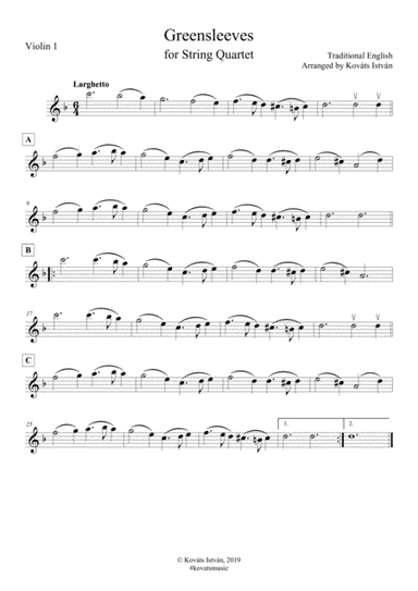 Greensleeves for String Quartet (arr. Kovats Istvan)
