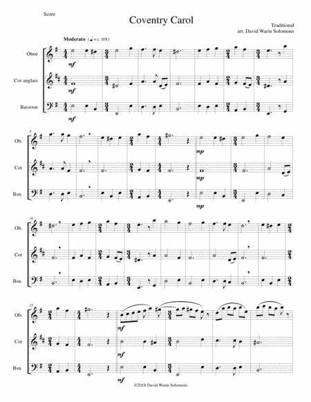 Coventry Carol for double-reed trio (oboe, cor anglais, bassoon) (arr. David Warin Solomons)