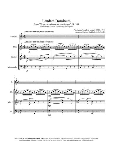 Laudate Dominum from "Vesperae solenne de confessore" K.399 for Solo Soprano, Flute, Violin, & Cello (arr. Joel Jacklich (ASCAP))
