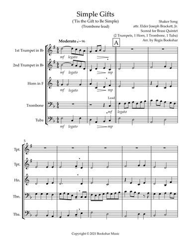 Simple Gifts ('Tis the Gift to Be Simple) (F) (Brass Quintet - 2 Trp, 1 Hrn, 1 Trb, 1 Tuba) (Trombon (arr. Regis Bookshar)