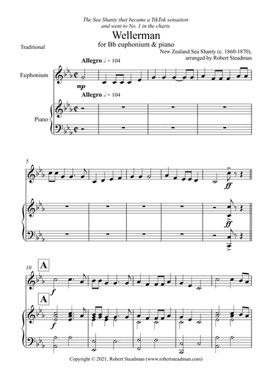 Wellerman (Euphonium & Piano) - treble and bass clef euphonium parts included (arr. Robert Steadman)