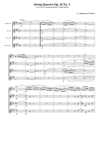 String Quartet Op. 18 No. 3 for Saxophone Quartet (SATB) (arr. Diego Marani)