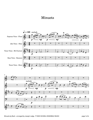 Minuets by Bach for Woodwind Quartet in Schools (arr. Joseph Judge)