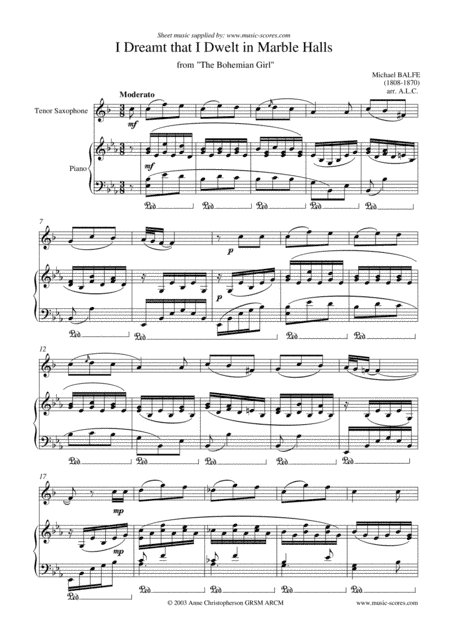 Marble Halls, from "The Bohemian Girl" - Tenor Saxophone and Piano (arr. Anne L Christopherson GRSM ARCM)