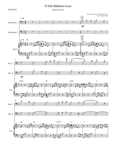 O Mio Babbino Caro (Puccini) for Trombone Duo and Piano Accompaniment with Chords (arr. Fernando Britto)