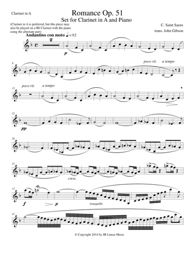 Saint-Saens - Romance Op. 51 set for Clarinet and Piano (arr. John Gibson)