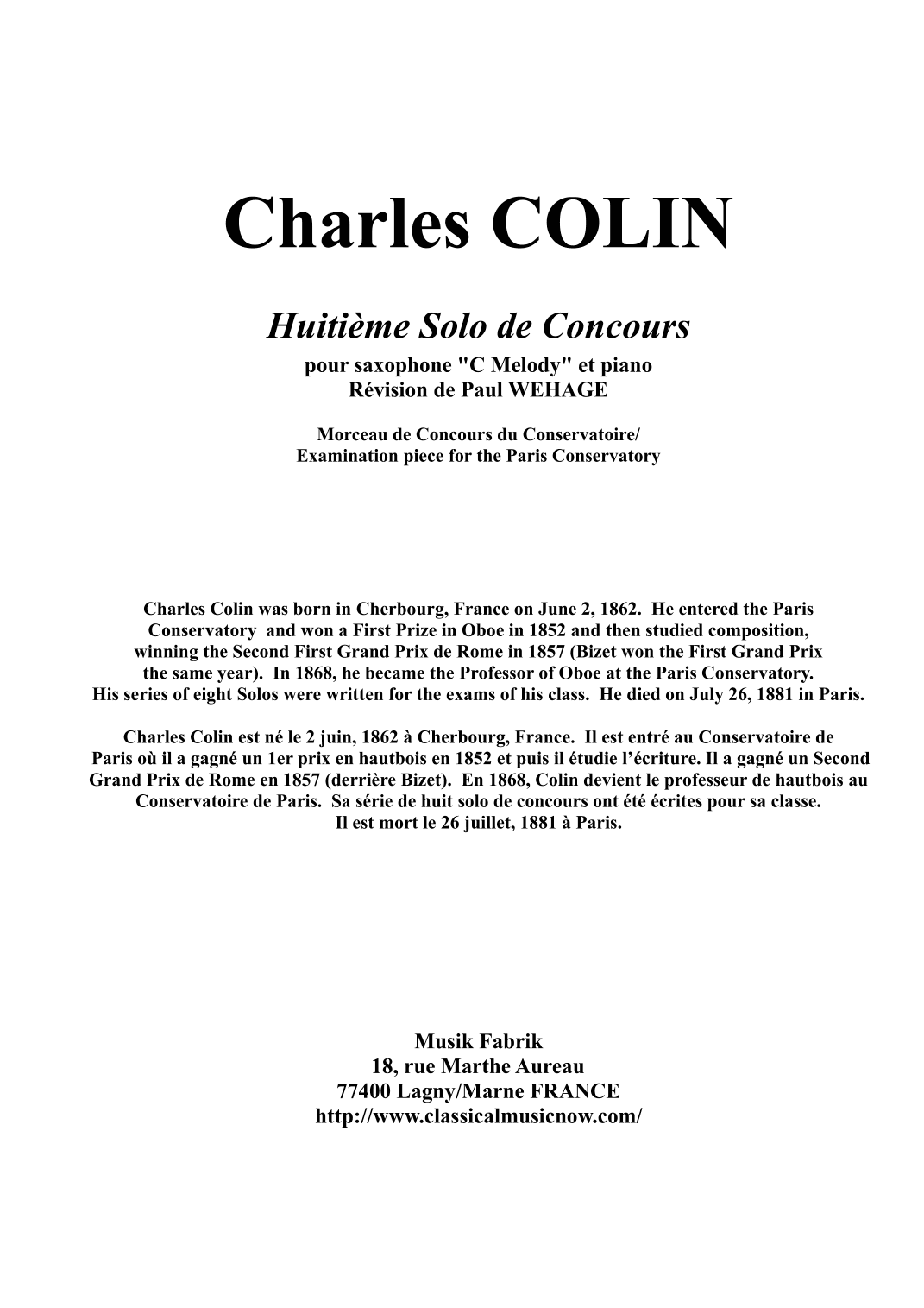 Solo de Concours, Opus 52 arranged for C Melody saxophone and piano (arr. Paul Wehage)