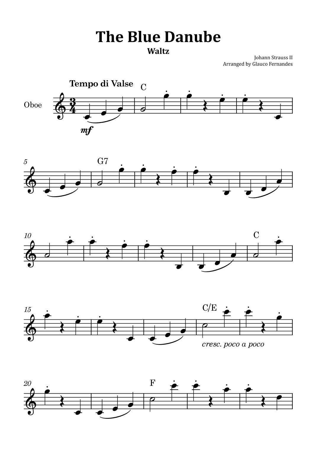 The Blue Danube - Oboe Solo with Chord Notations (arr. Glauco Fernandes)