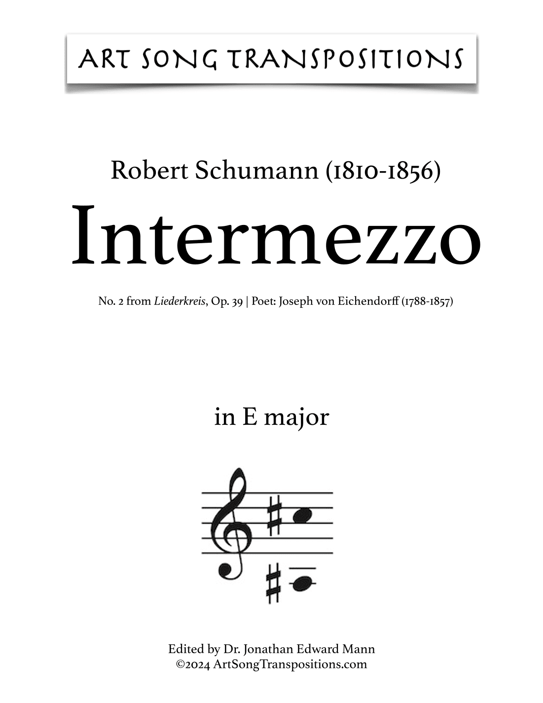 SCHUMANN: Intermezzo, Op. 39 no. 2 (transposed to E major) (arr. ArtSongTranspositions.com)