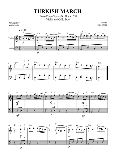 Turkish March - Violin and Cello (with bowings and chords) (arr. Valdir Maia)