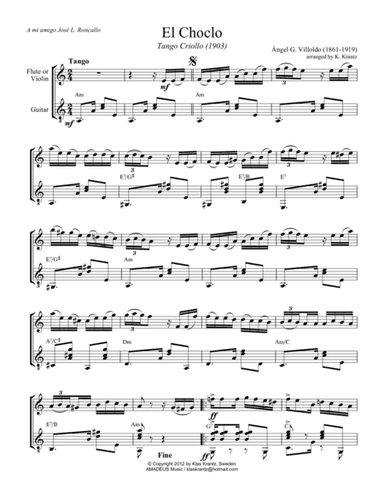 El choclo (tango) for violin or flute and guitar (A Minor) (arr. K. Krantz)