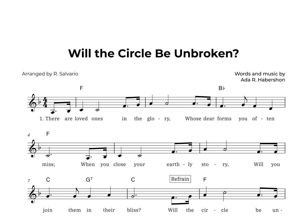 Will the Circle Be Unbroken (Key of F Major) (arr. R. Salvario)