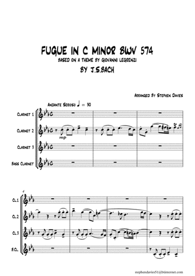 Fugue in C Minor by J.S.Bach BWV574 for Clarinet Quartet. (arr. Stephen Davies)