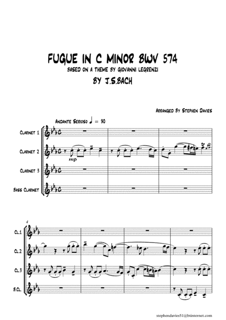 Fugue in C Minor by J.S.Bach BWV574 for Clarinet Quartet. (arr. Stephen Davies)