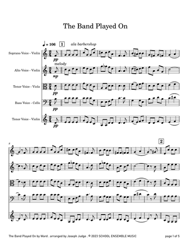 The Band Played On by Ward for String Quartet in Schools (arr. Joseph Judge)