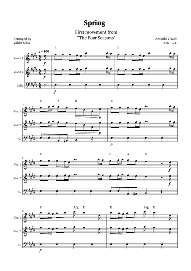 Spring - The Four Seasons for Violin, Violin and Cello Trio (+ CHORDS) (arr. Valdir Maia)