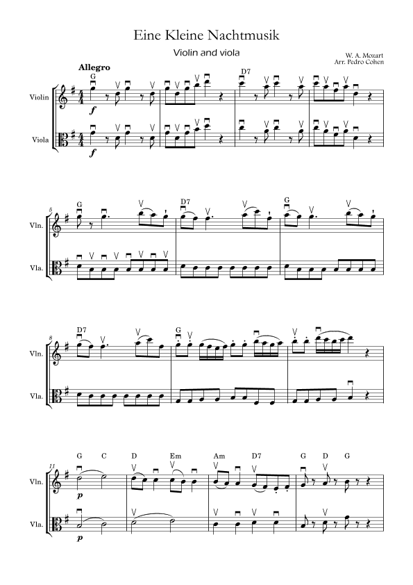 Eine Kleine Nachtmusik - violin & viola version w/ arcades and chords (arr. Pedro Cohen)