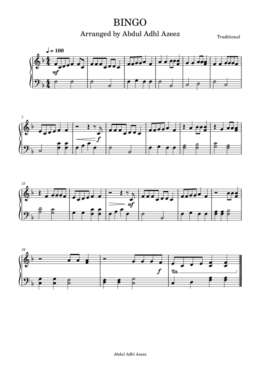 BINGO Easy Beginner (arr. Abdul Adhl Azeez)