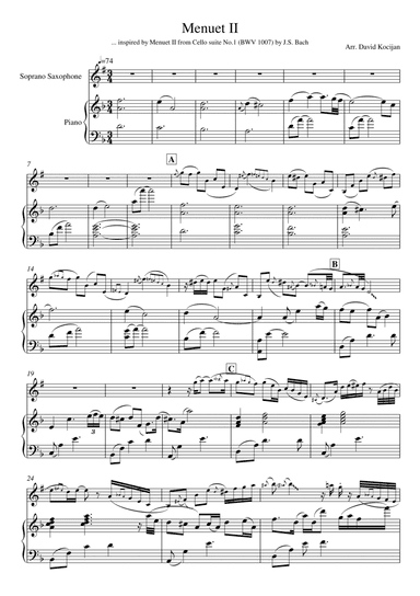 Menuet II from Cello suite No.1 (soprano sax & piano) (arr. David Kocijan)