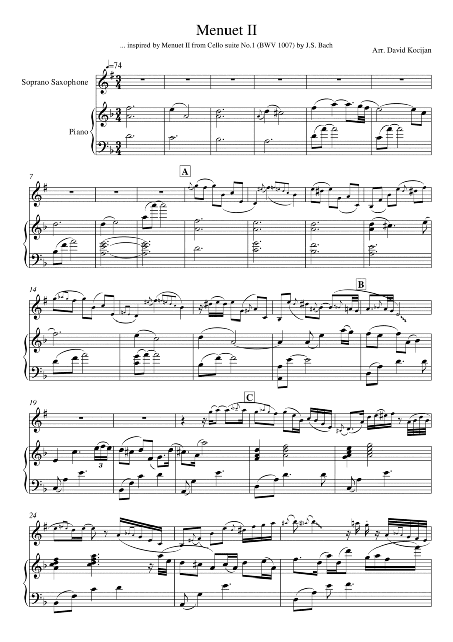 Menuet II from Cello suite No.1 (soprano sax & piano) (arr. David Kocijan)