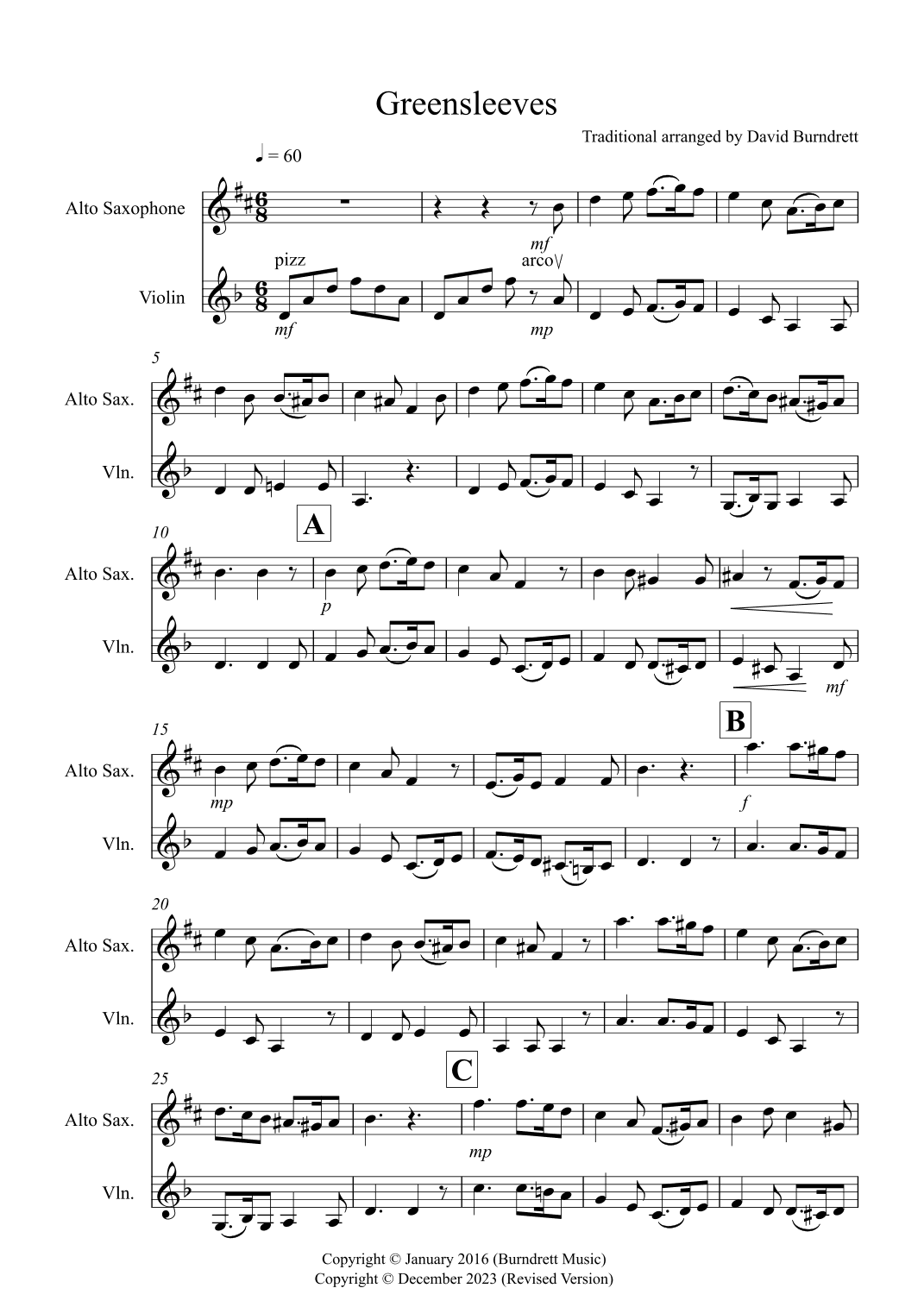 Greensleeves for Alto Saxophone and Violin Duet (arr. David Burndrett)