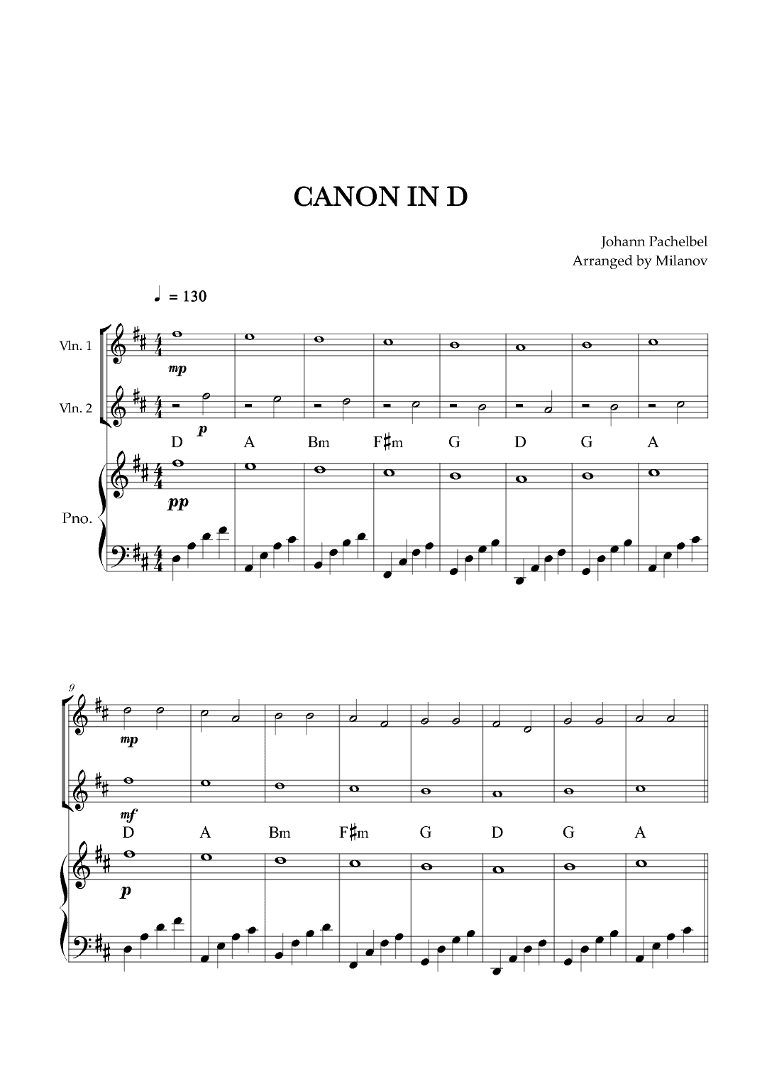 Canon in D | Pachelbel | Violin Duet | Piano accompaniment (arr. Milanov)