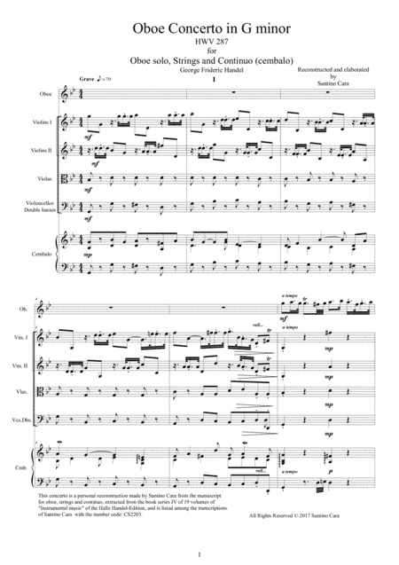 Handel - Oboe Concerto in G minor HWV 287 for Oboe, Strings and Continuo (arr. Santino Cara)