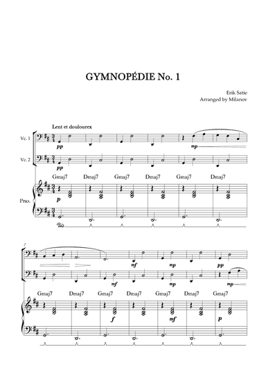 Gymnopédie no 1 | Cello Duet | Original Key | Chords | Piano accompaniment |Easy intermediate (arr. Milanov)