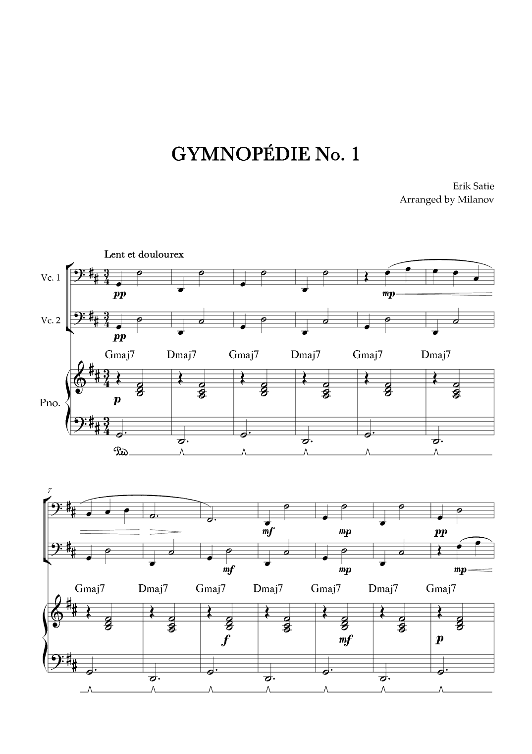 Gymnopédie no 1 | Cello Duet | Original Key | Chords | Piano accompaniment |Easy intermediate (arr. Milanov)