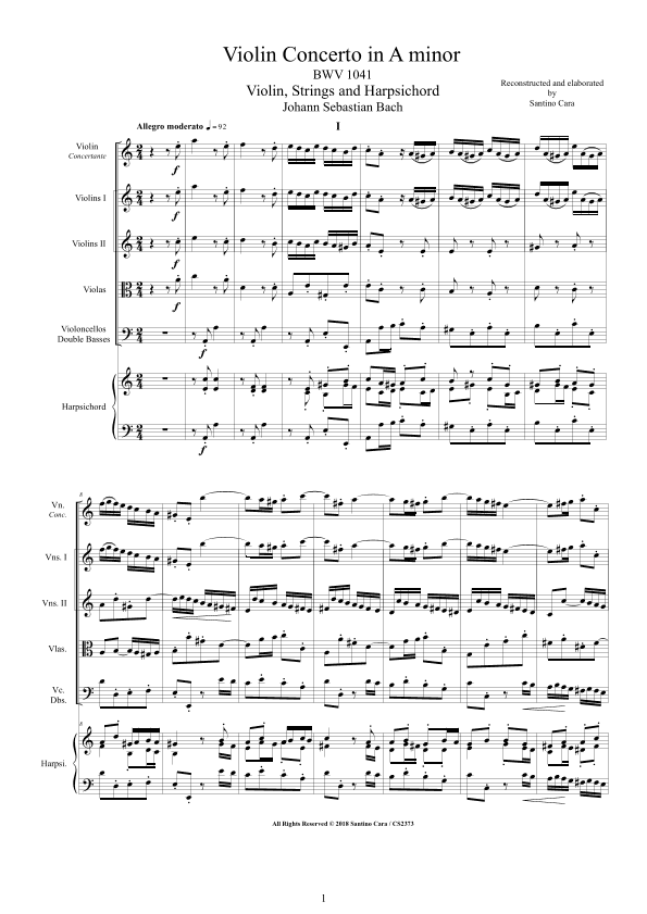 Bach - Violin Concerto in A minor BWV 1041 for Violin, Strings and Harpsichord (arr. Santino Cara)