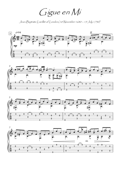 Gigue by Jean Baptiste guitar solo (arr. PianoSheetNow)