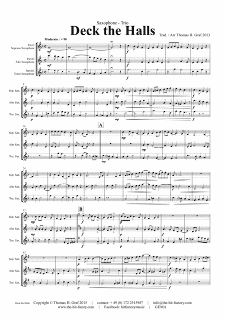 Deck the halls - Christmas Carol - Polyphonic - Saxophone Trio (arr. Thomas H. Graf)