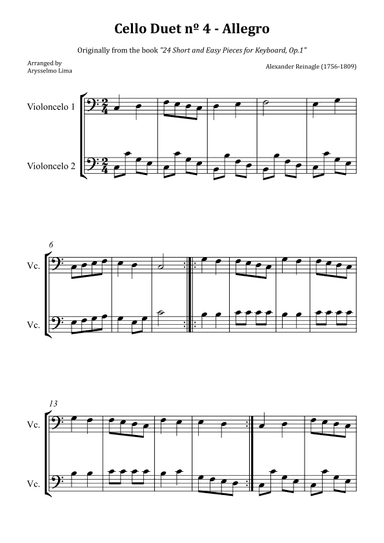 Cello Duet nº 4 – Allegro (Originally from the book "24 Short and Easy Pieces for Keyboard, Op.1") (arr. Arysselmo Lima)