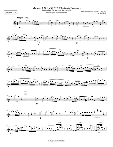Mozart 1791 KV 622 Clarinet Concerto in A Solo Part Only (arr. R G Roth)