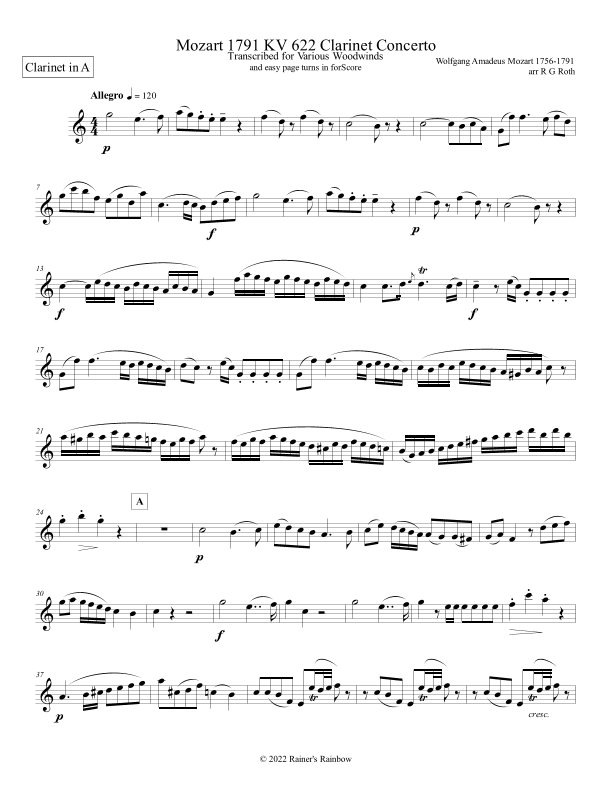 Mozart 1791 KV 622 Clarinet Concerto in A Solo Part Only (arr. R G Roth)