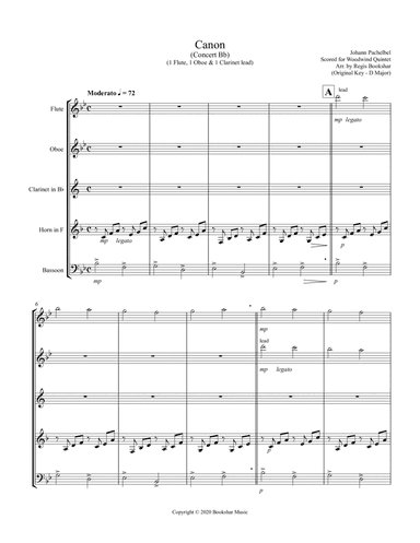 Canon (Pachelbel) (Bb) (Woodwind Quintet - 1 Flute, 1 Oboe, 1 Clar, 1 Hrn, 1 Bassoon) (arr. Regis Bookshar)
