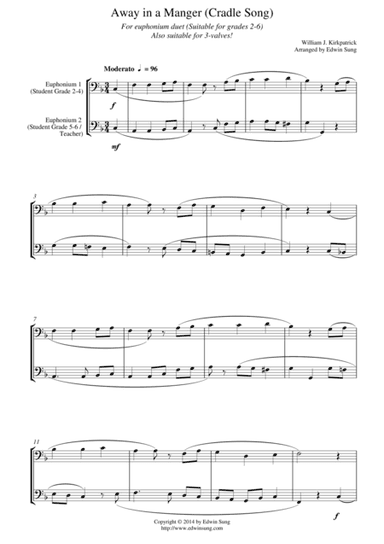 Away in a Manger (Cradle Song) (for euphonium duet (bass clef, 3 or 4 valved), suitable for grades 2 (arr. Edwin Sung)